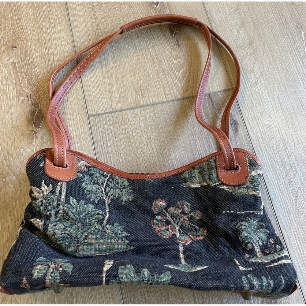 Vintage Tommy Bahama Leather Trim Palm Tree Tapestry Shoulder Bag Purse‎